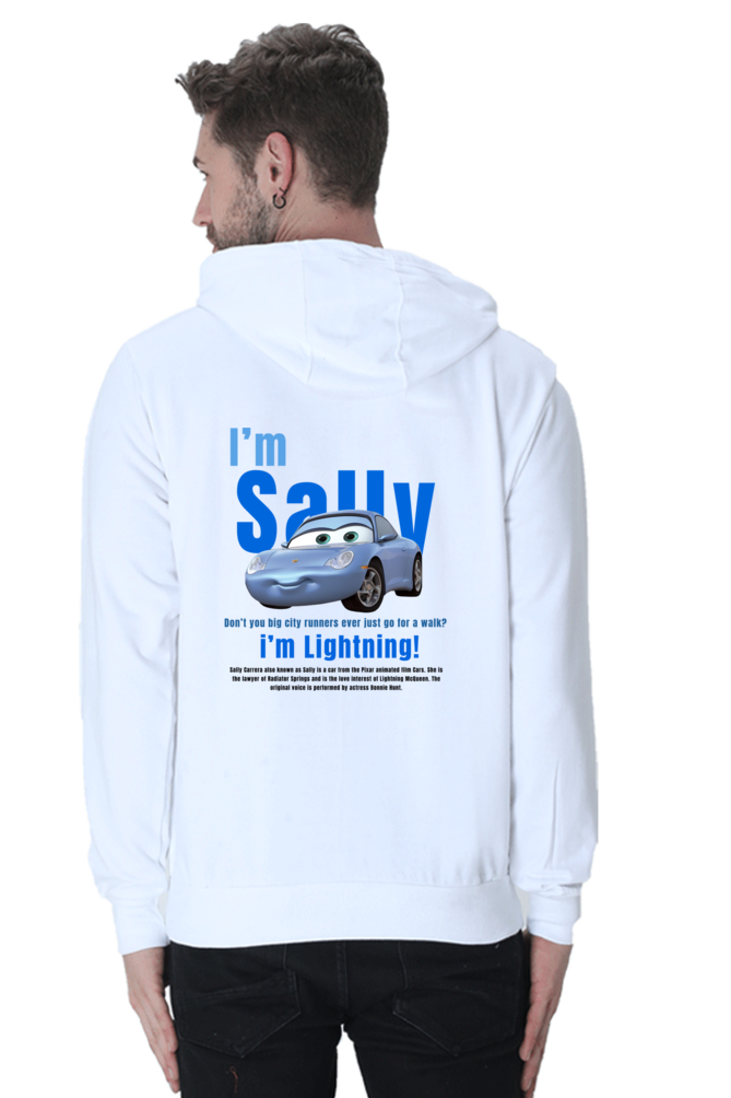 Sally Carrera CARS Unisex White Hooded Sweatshirt (Back Side Printed)