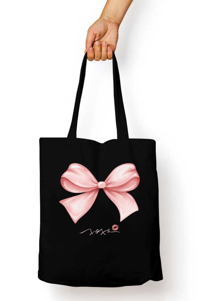 Pink Bow XOXO Black Tote Bag with Zipper (Coquette themed)