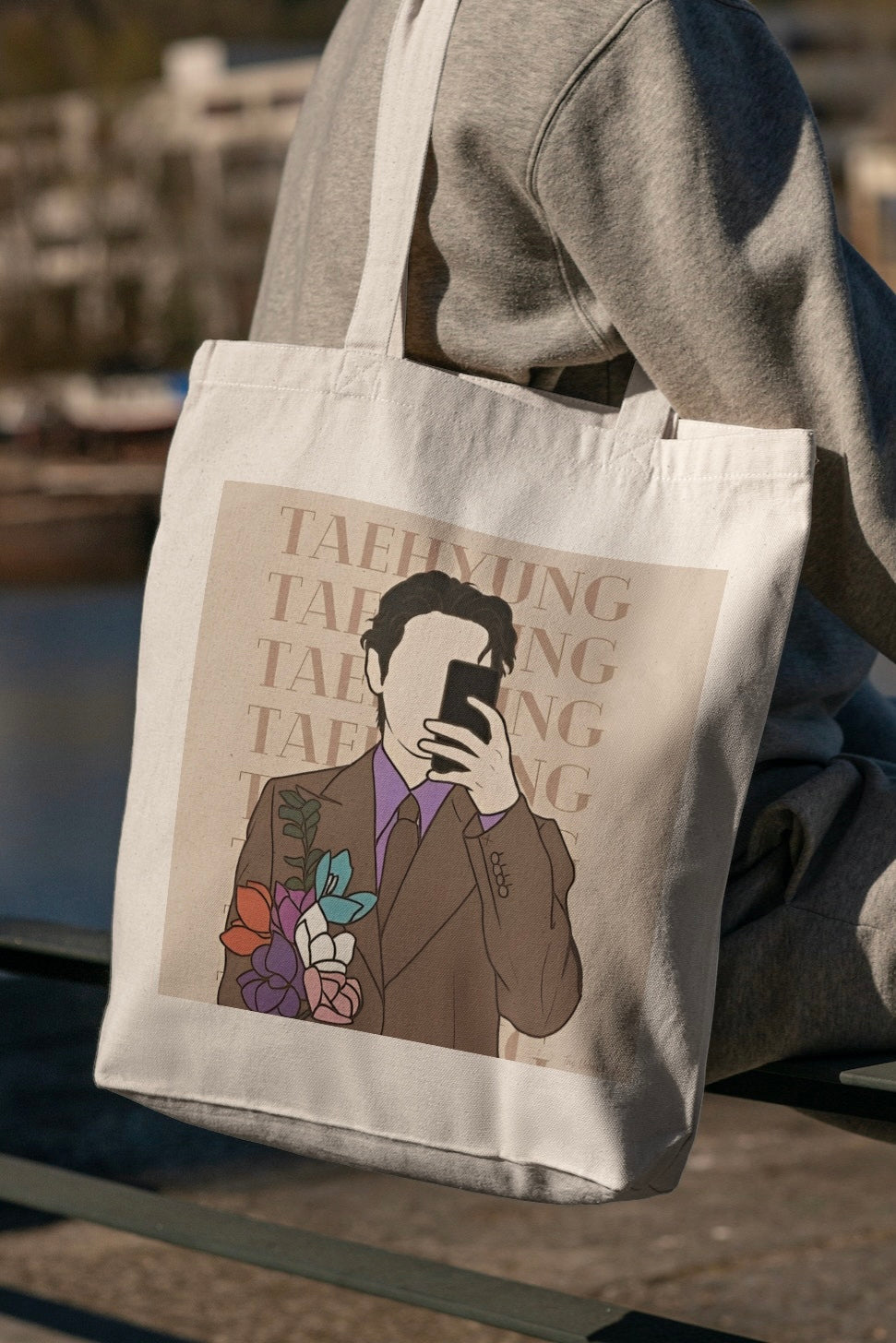 BTS Taehyung Black/White Tote Bag with Zipper