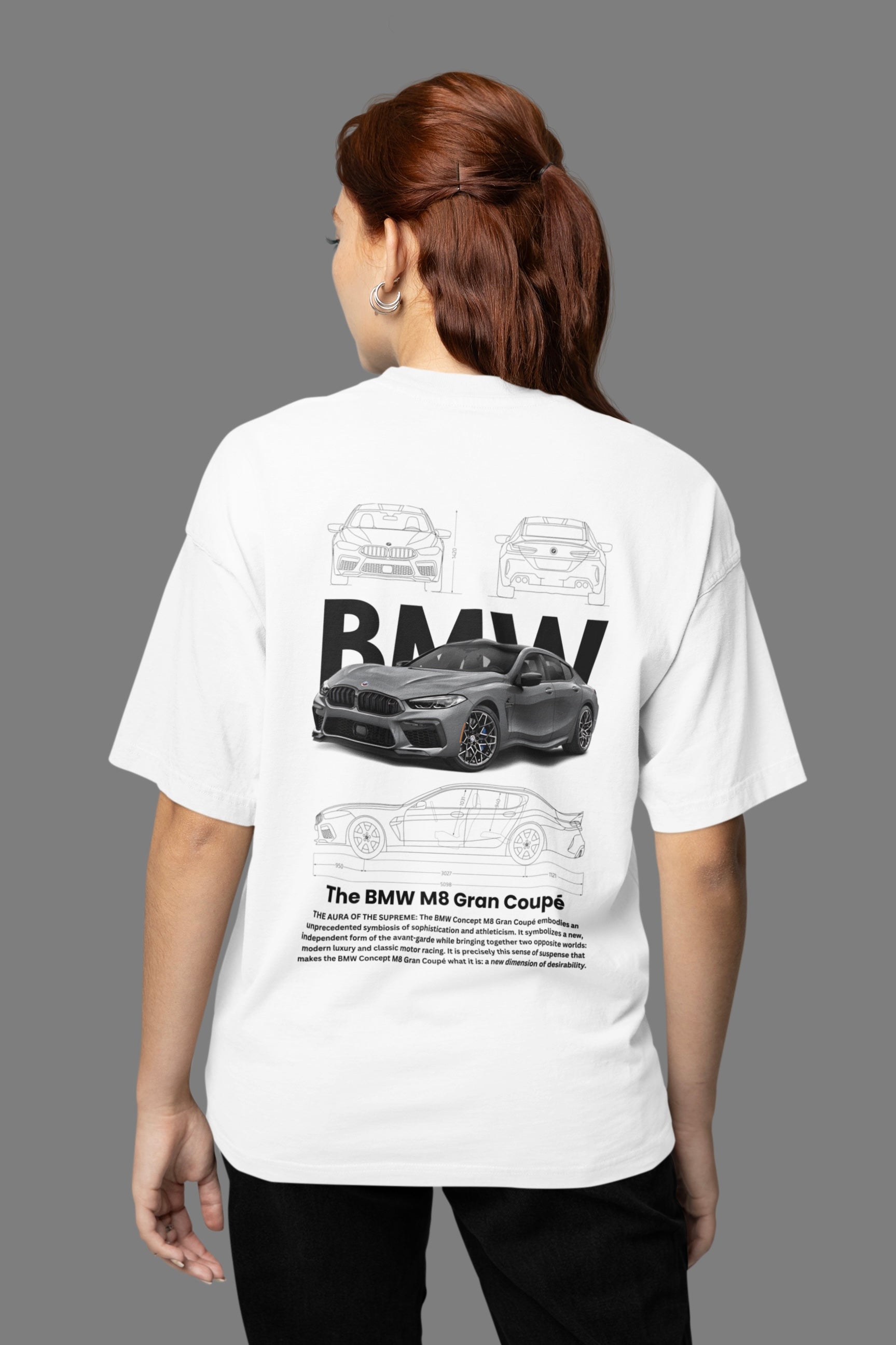 BMW M8 Gran Coupe White Unisex Oversized T-shirt (Back Side