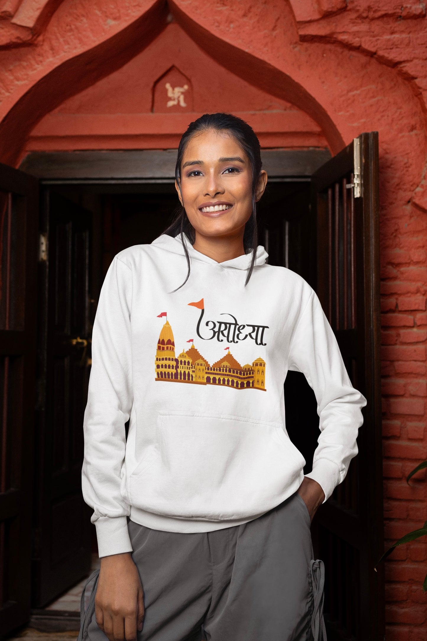 Ram Mandir Ayodhya White Hooded Sweatshirt