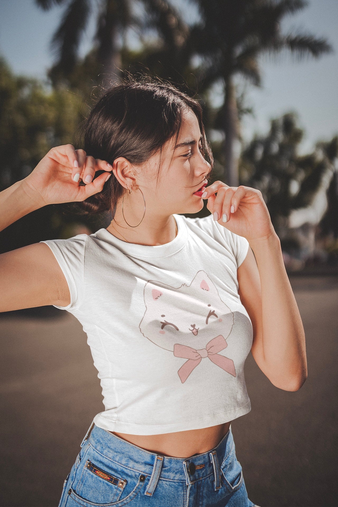 Cute Kitty Pink Bow Coquette Crop Top