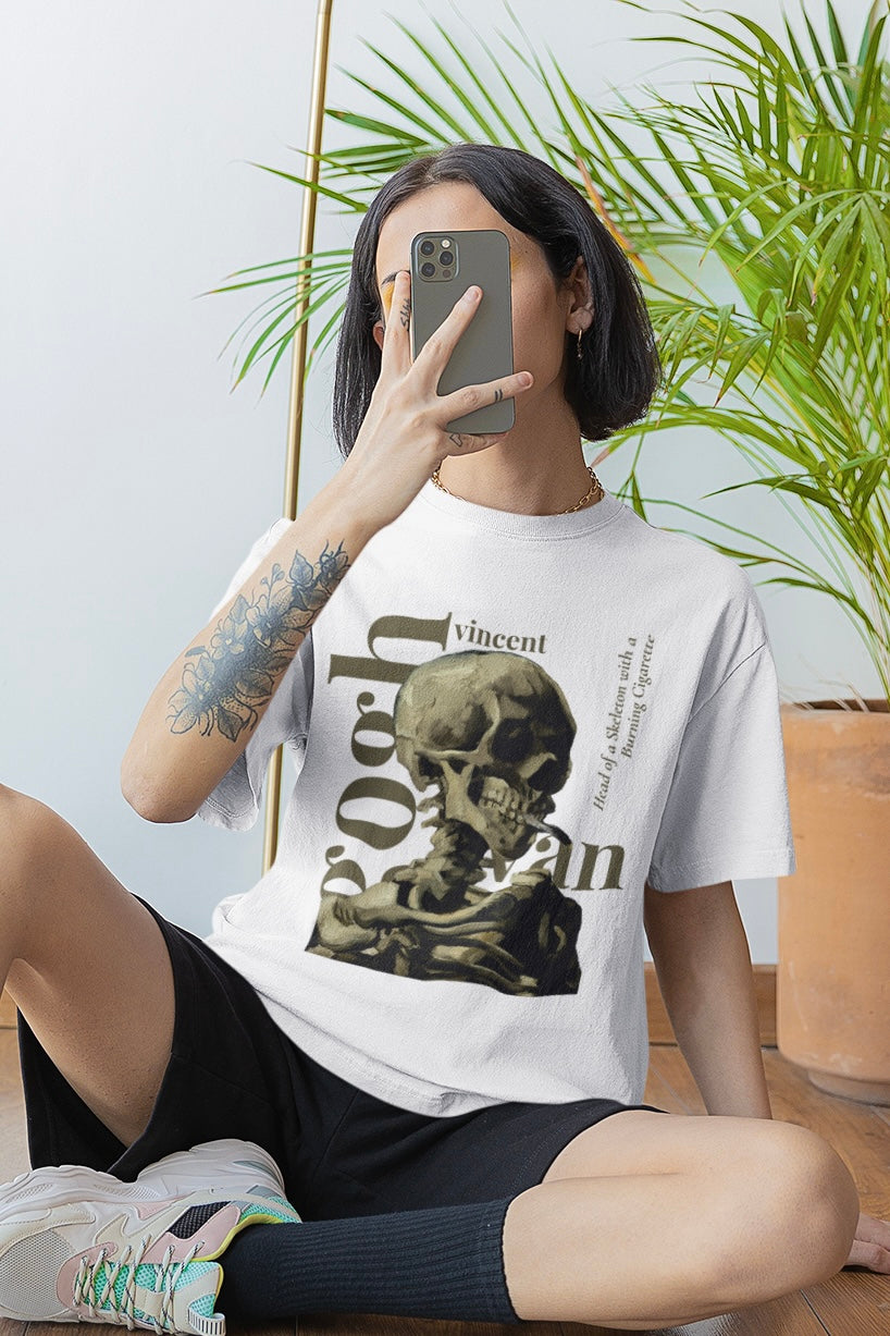 Skull of a Skeleton with Burning Cigarette (Vincent Van Gogh) Graphic Printed Unisex White Oversized T Shirt