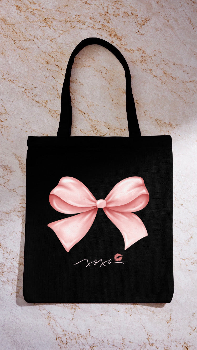 Pink Bow XOXO Black Tote Bag with Zipper (Coquette themed)