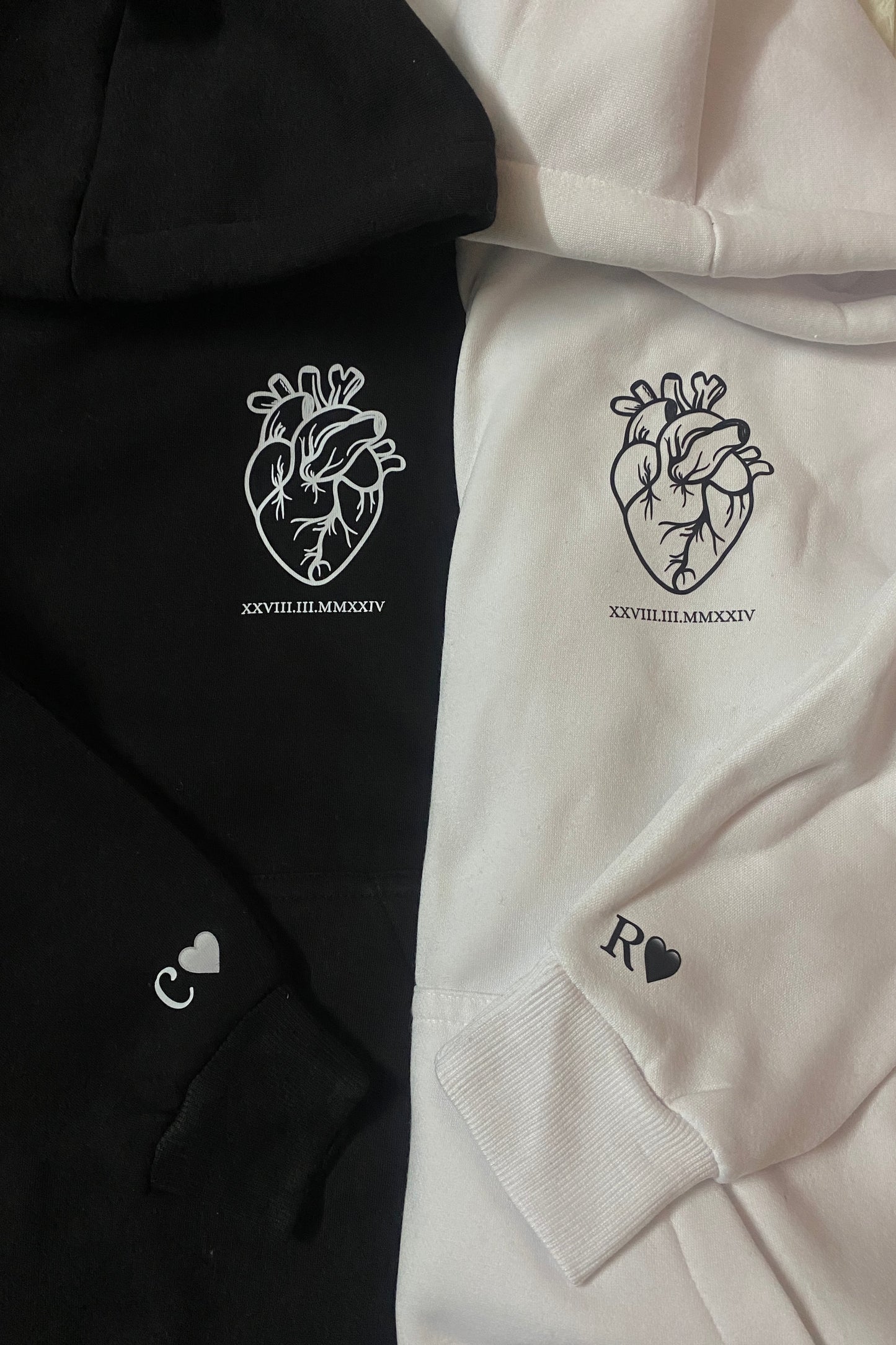 Pack of 2: Heart with Roman Date Matching Hoodies and printed sleeves