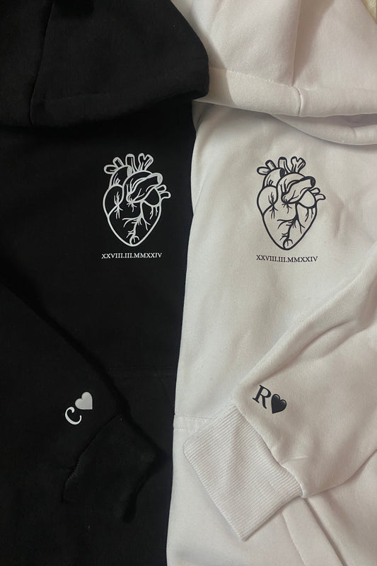 Pack of 2: Heart with Roman Date Matching Hoodies and printed sleeves