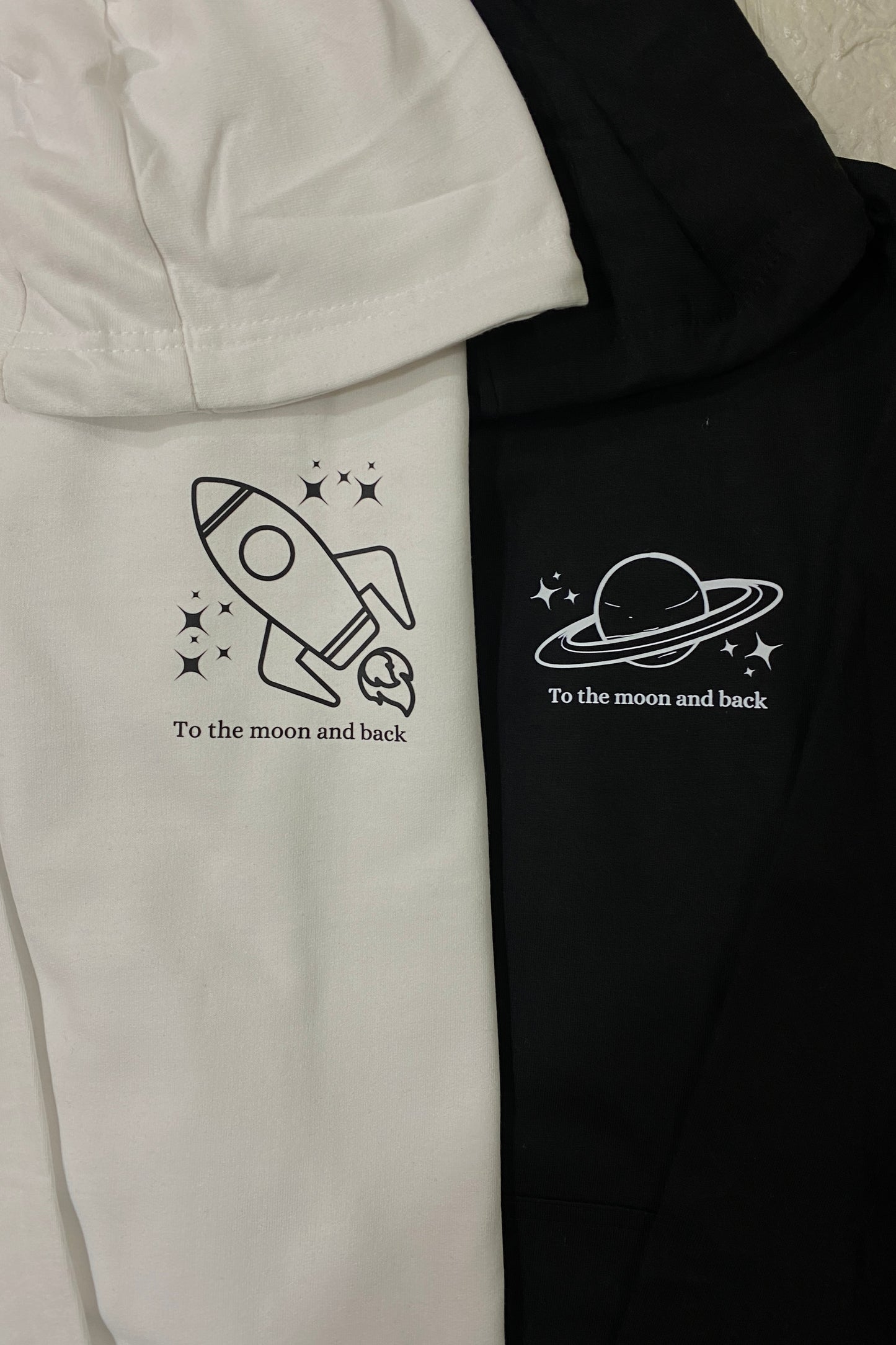 Pack of 2: Rocket and Saturn with Custom Text Matching Printed Hoodies (Top-Left Printed)