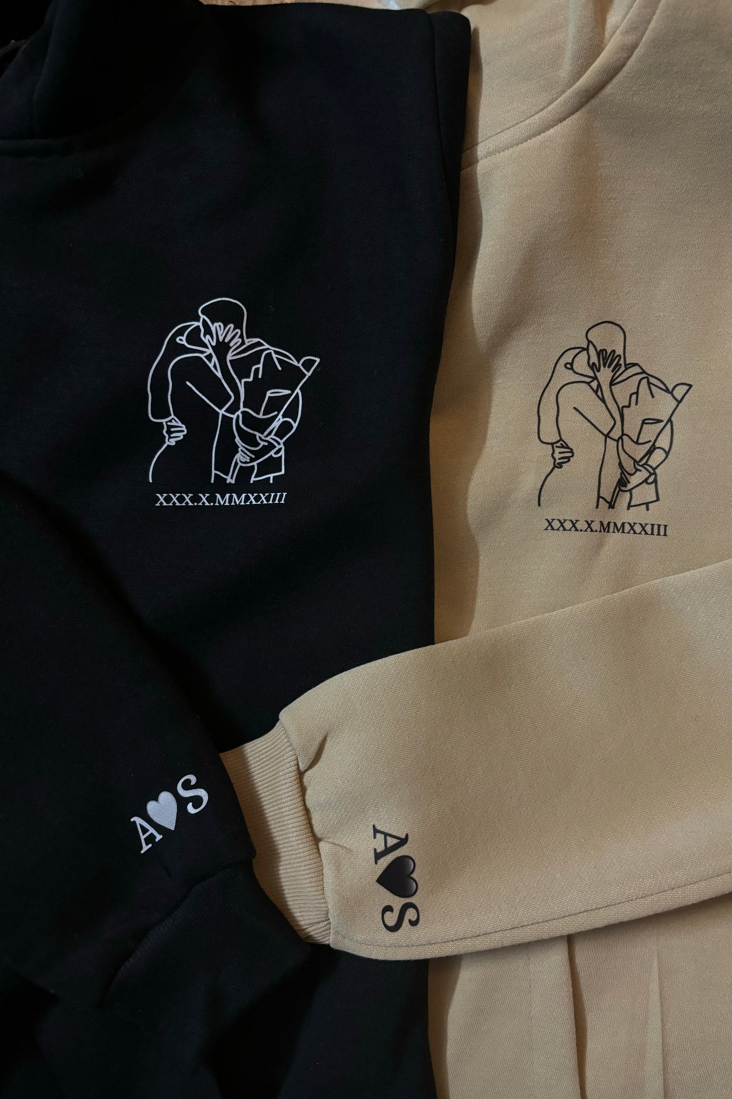 Pack of 2: Custom line art with Roman date Matching Hoodies and Text on sleeves (Printed)
