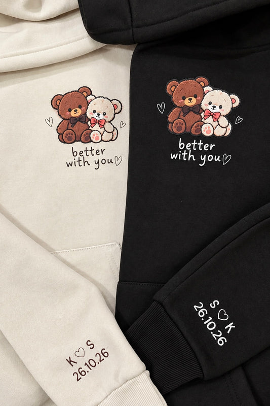Pack of 2: Teddy with sleeves printed Couple Hoodies (350 GSM) Premium Quality