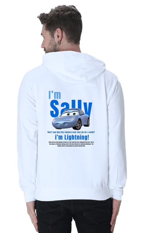 Sally Carrera CARS Unisex White Hooded Sweatshirt (Back Side Printed)