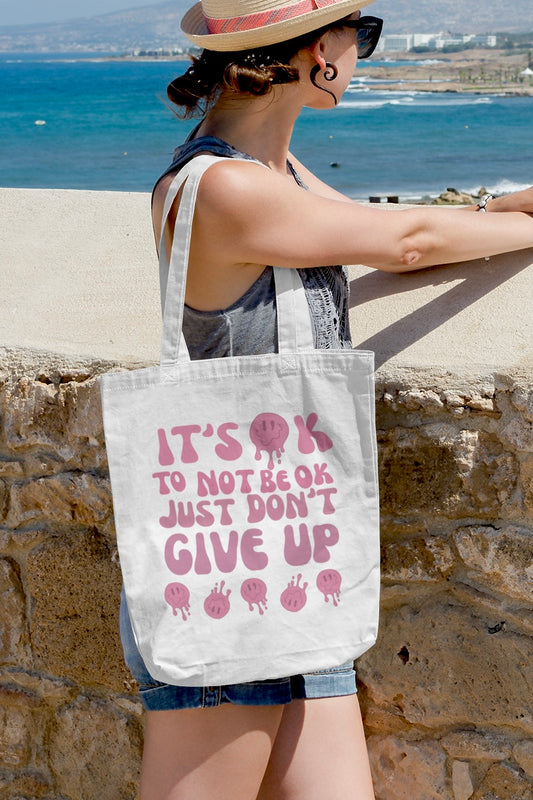 It’s Ok To Not Be Ok Just Don’t Give Up White Tote Bag With Zipper (Pink Aesthetics)