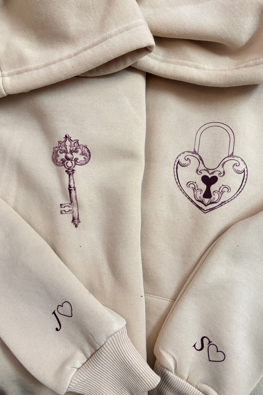 Love Key & Lock with Custom Sleeves Printed Couple Matching Hoodies (350 GSM)