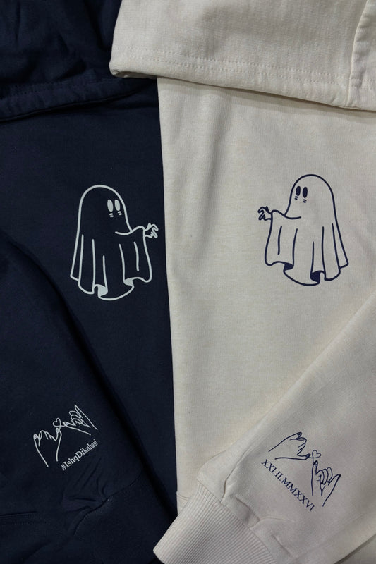 Ghost And Custom Sleeves Text Couple Matching Hoodies