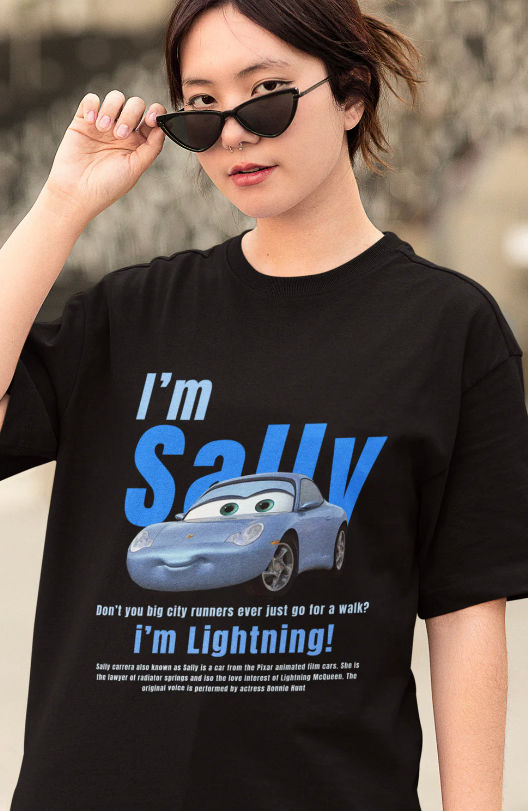 Sally Carrera Lightning CARS Unisex Black Oversized T-shirt (Front side printed)