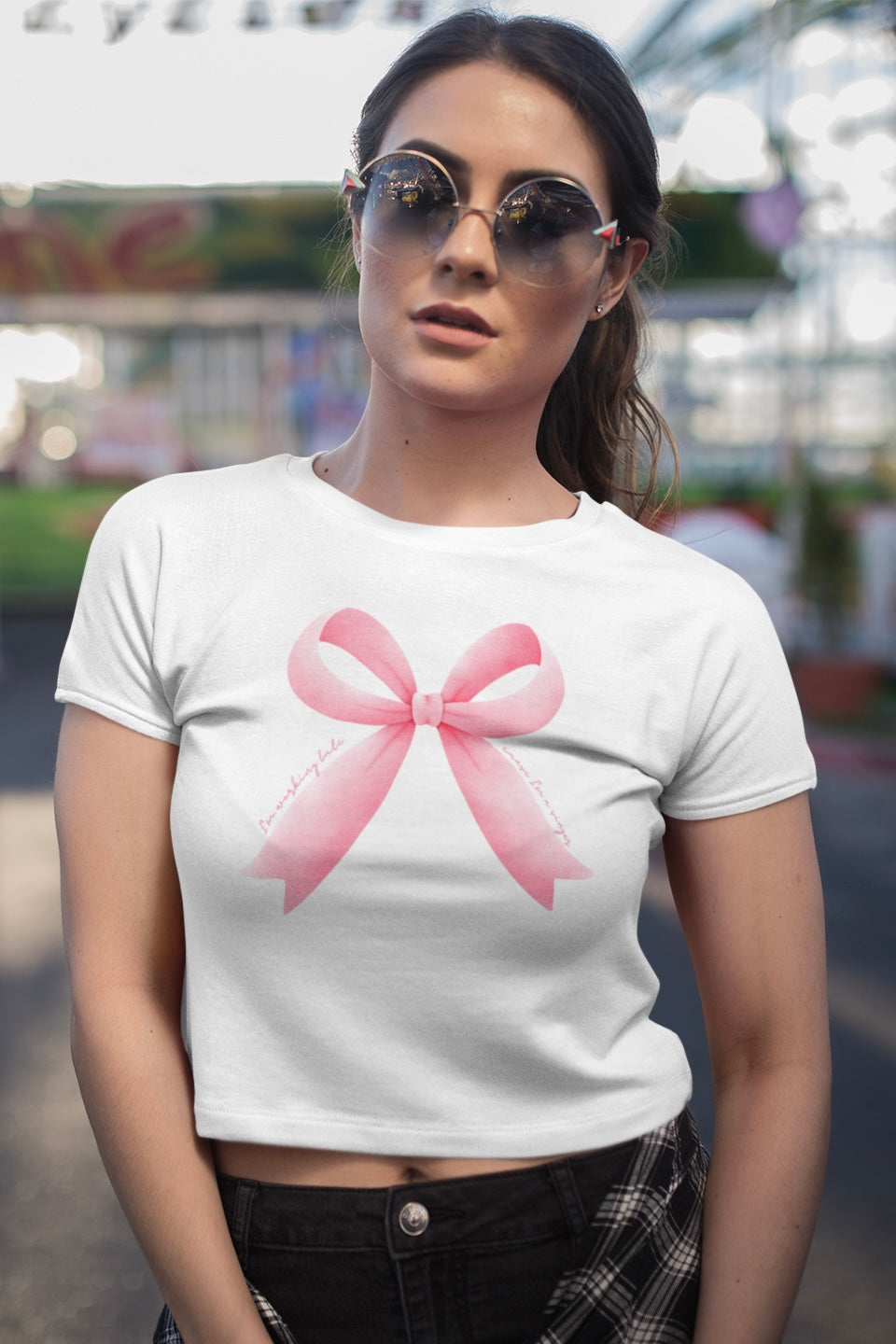 Pink Singer Ribbon Pink Ribbon Bow (I'm working late, cause I'm a singer) Crop Top – The ...