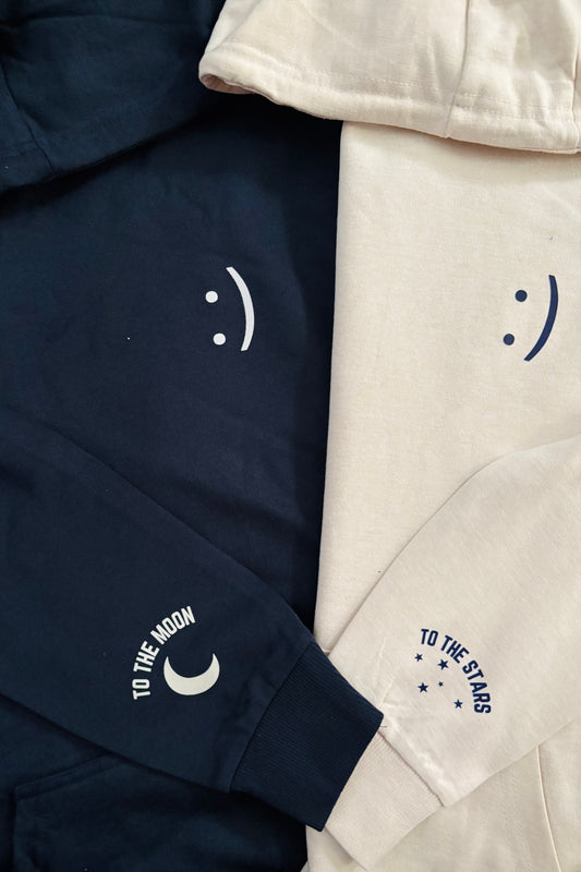 Smiley Printed Matching Hoodies with Printed Sleeves ( To the moon and To the stars)