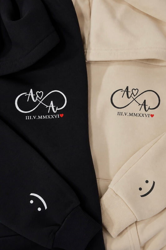 Pack of 2: Infinity Loop Initials with Roman Date and Custom Sleeves Matching Hoodies