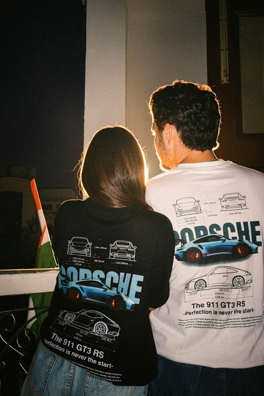 2 Pack : PORSCHE Unisex (Both side printed) Matching Couple Oversized T-shirts Black & White