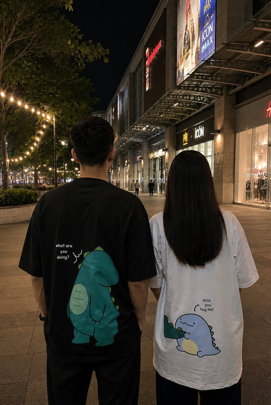 Pack of 2: Dinosaurs with Custom Texts Matching Oversized T-shirts (Back Side Printed)