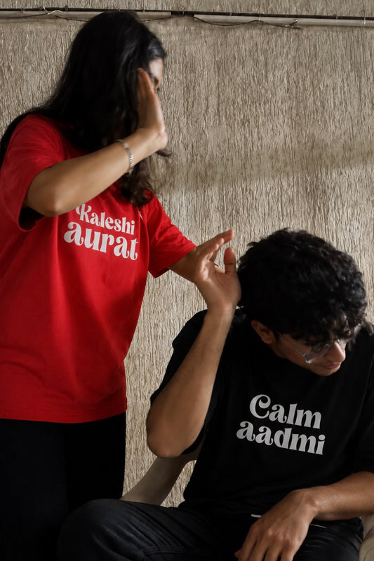 2 Pack: Kaleshi Aurat & Calm Aadmi Unisex Couple Oversized Tees