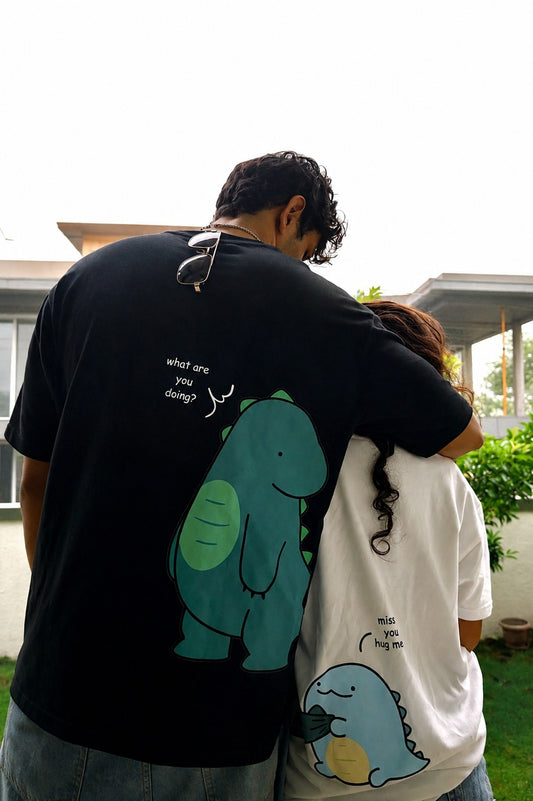 Pack of 2: Dinosaurs with Custom Texts Matching Oversized T-shirts (Back Side Printed)