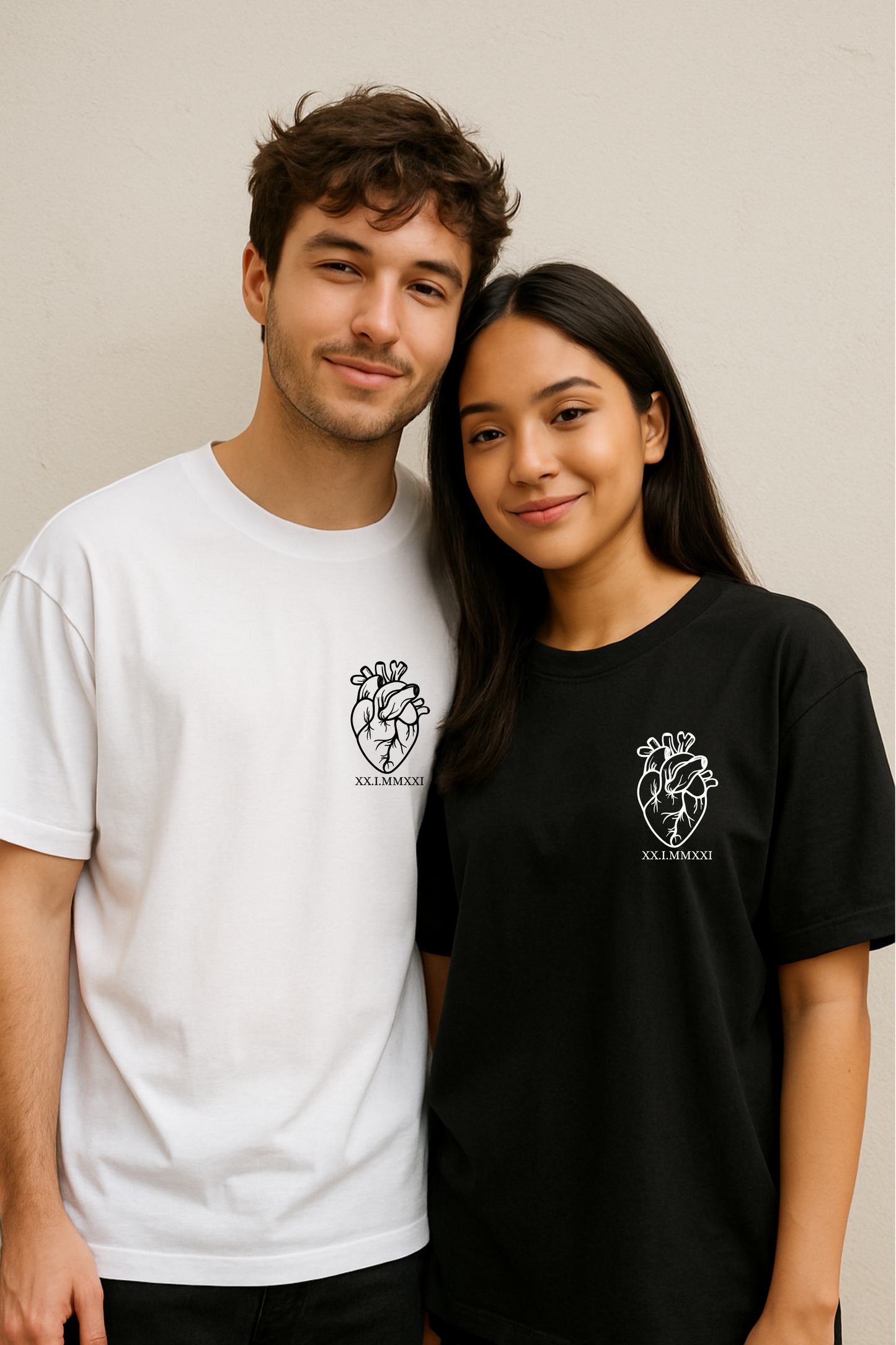2 Custom Heart with Roman Date Printed Couple Oversized T-shirt