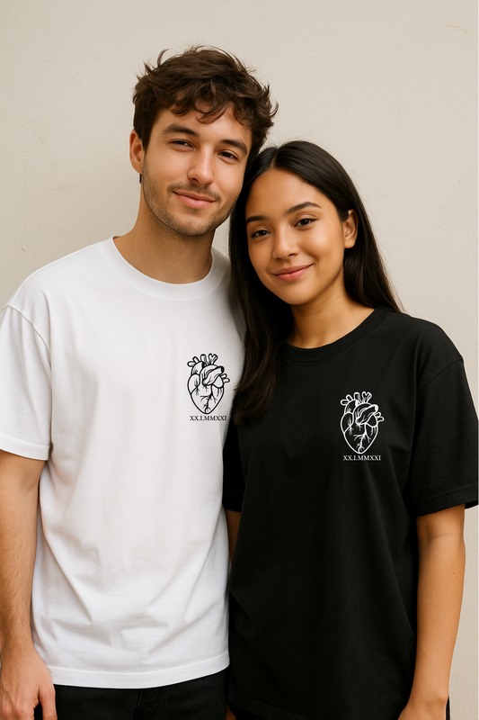 2 Custom Heart with Roman Date Printed Couple Oversized T-shirt