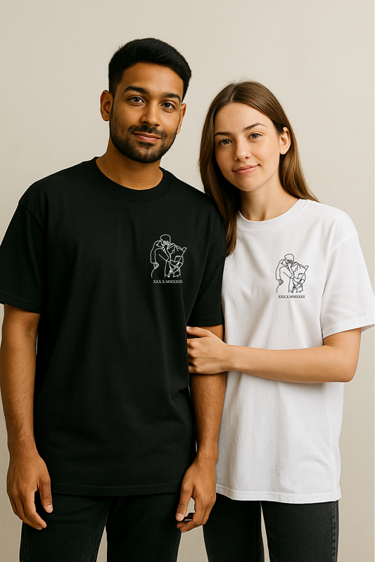 2 Custom Line Art Printed Couple Oversized T-shirts
