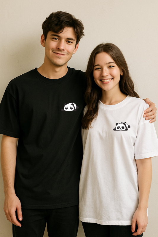 2 Pack : Cute Panda Black & White Unisex Couple Oversized T-shirts
