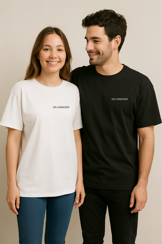 2 Custom Roman Date Printed Couple Oversized T-shirt