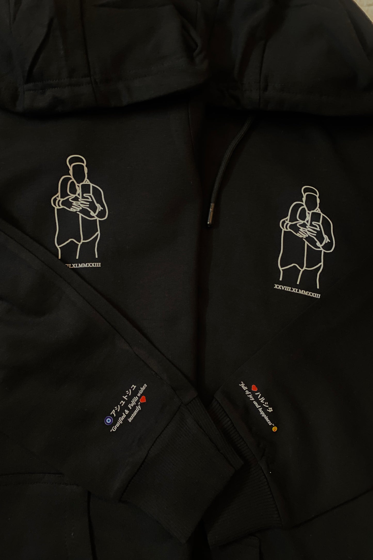 Pack of 2: Custom line art with Roman date Matching Hoodies and Text on sleeves (Printed)