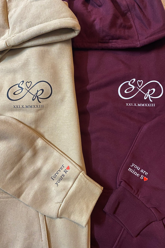 Pack of 2: Infinity Loop Initials with Roman Date and Custom Sleeves Matching Hoodies