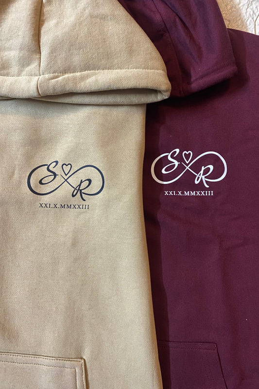 Pack of 2: Infinity Loop Custom Initials with Roman Date Matching Hoodies