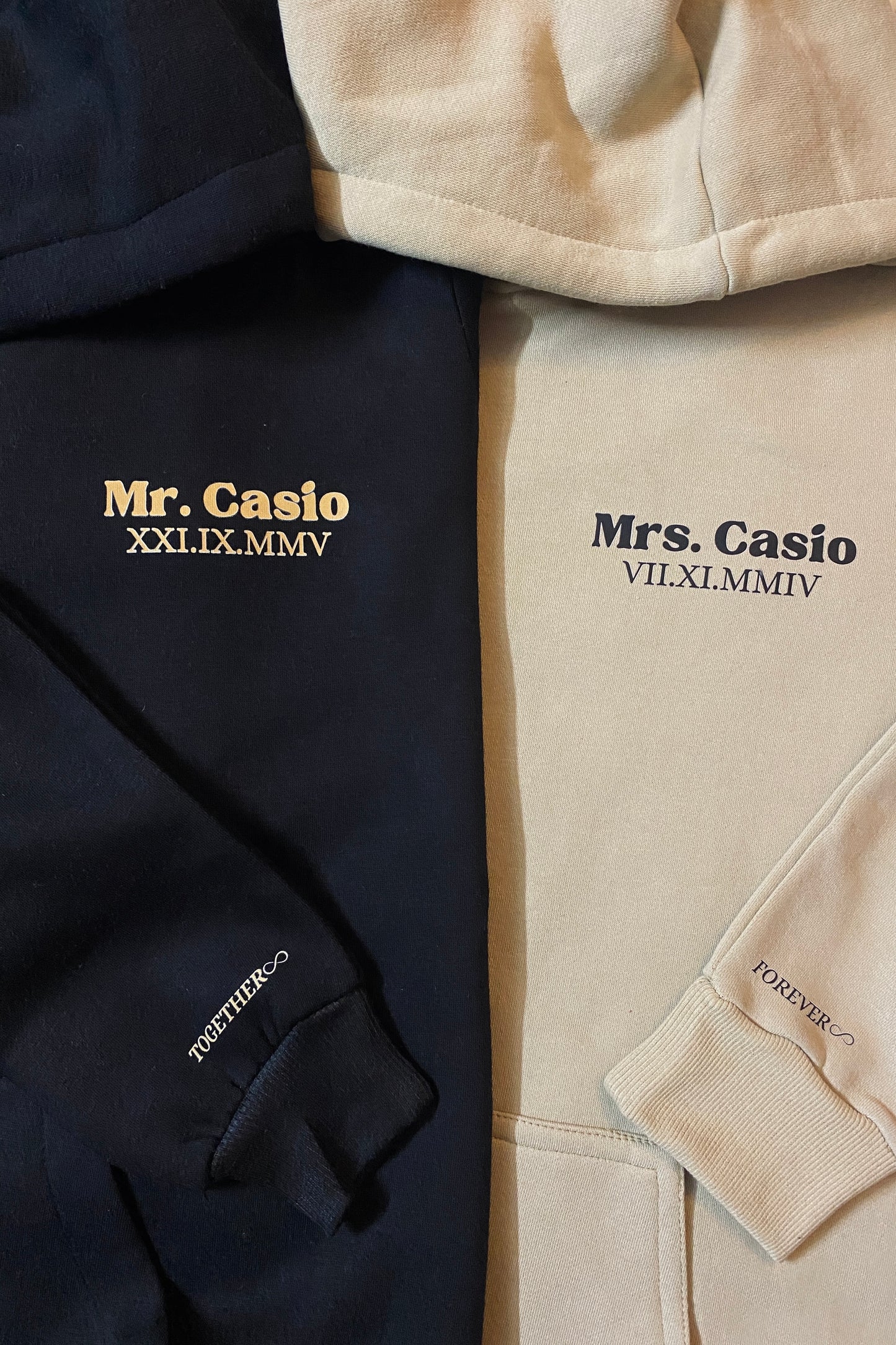 Pack of 2: Custom Front Text with Roman Date and Custom Sleeves Matching Hoodies