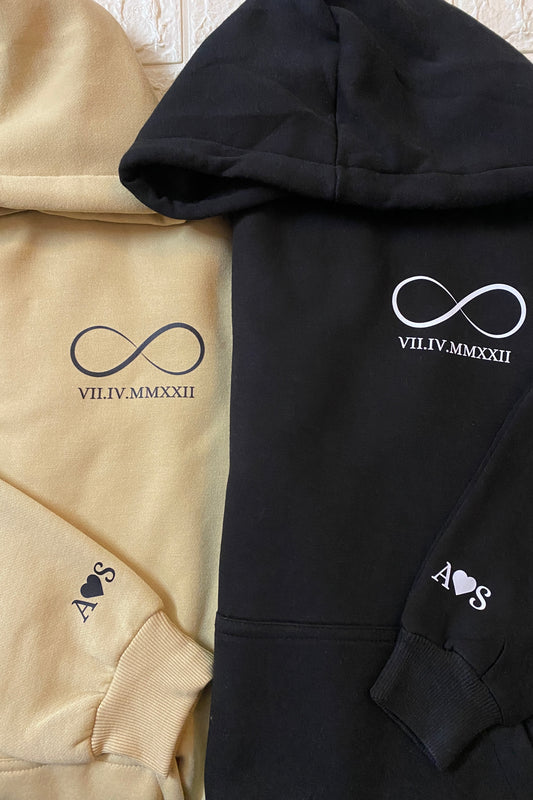 Pack of 2: Infinity Loop with Roman Date and Custom Sleeves Matching Hoodies