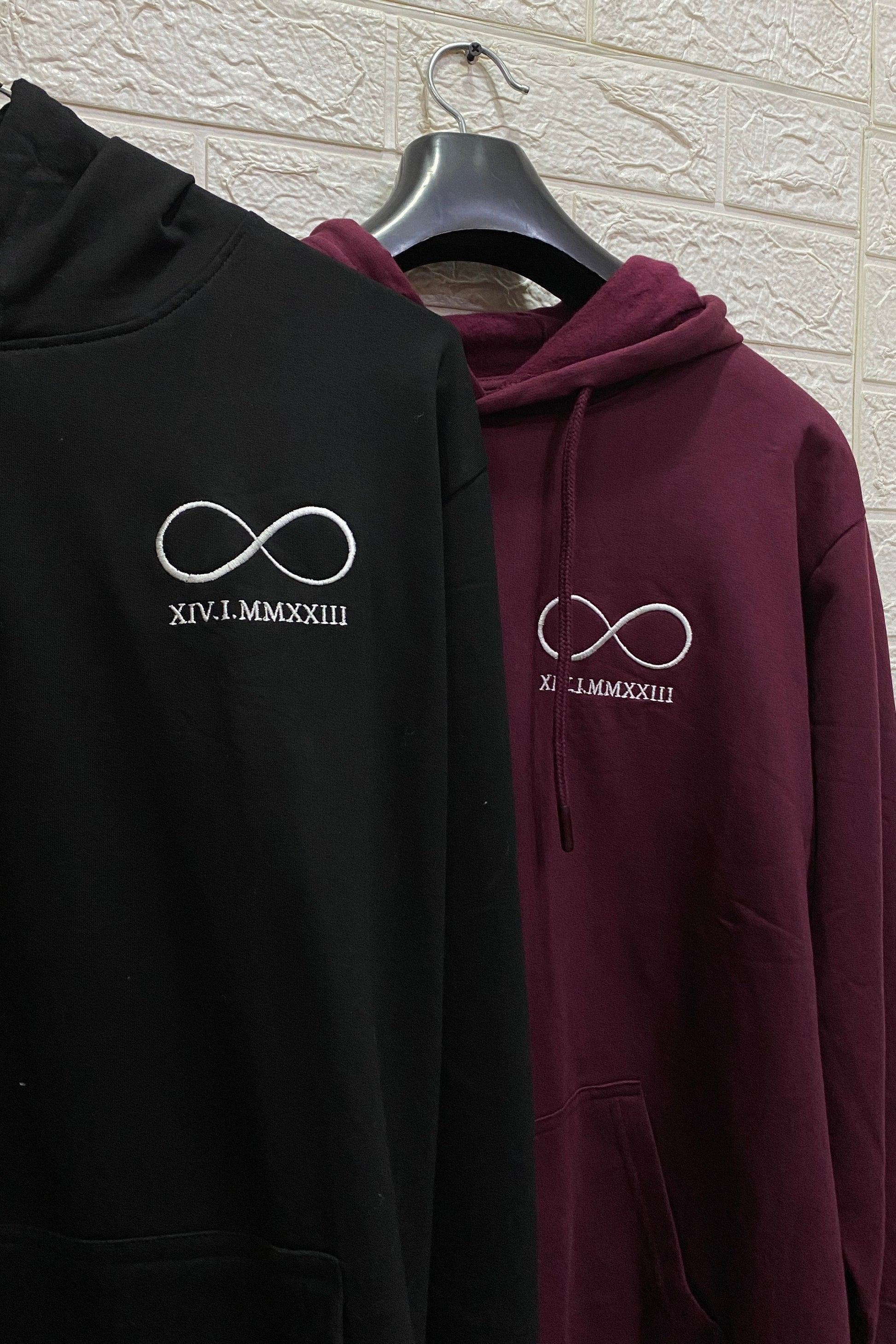 Custom Roman Date with Infinity Loop Embroidered Couple Hoodies